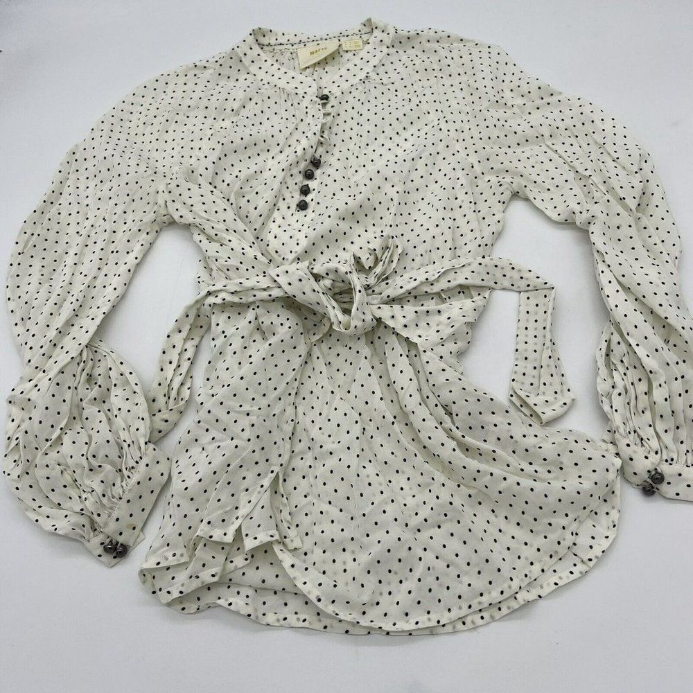Maeve by Anthropologie Lucy Puff Sleeve White Polka Dot Tie Waist Blouse Size 6